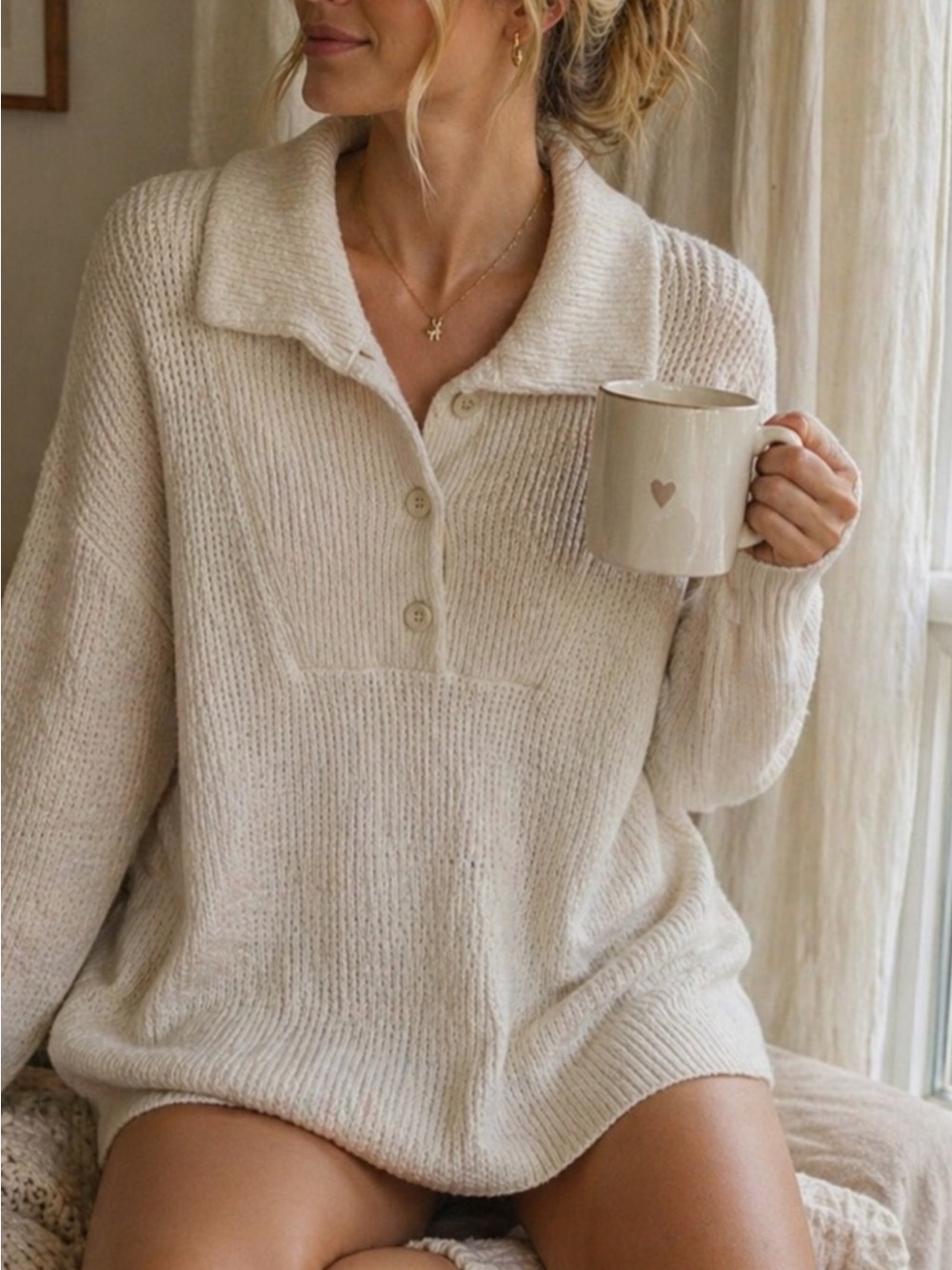 aerie Cream Button collar Knit Pullover size XS - Picture 7 of 7
